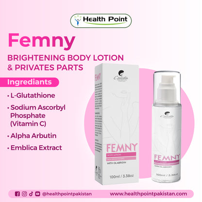 Femny Brightening Body Lotion with glutathione, vitamin C, alpha arbutin and emblica extract for skin whitening in Pakistan