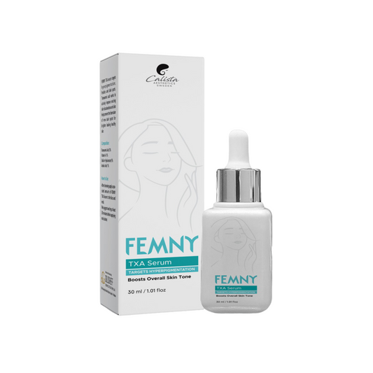 Packaging and bottle of Femny TXA Serum, which is designed for hyperpigmentation and dark spots treatment.