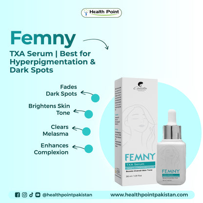 Femny TXA Serum for hyperpigmentation treatment fades dark spots, clears melasma, and improves skin clarity.