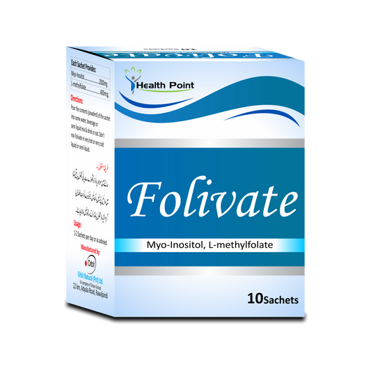 A box of Folivate Myo-Inositol L-Methylfolate supplement sachets with text and branding.