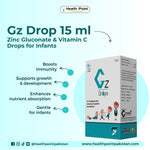 Health Point Gz Drop highlighting benefits for infant immunity, growth, appetite and antioxidant protection
