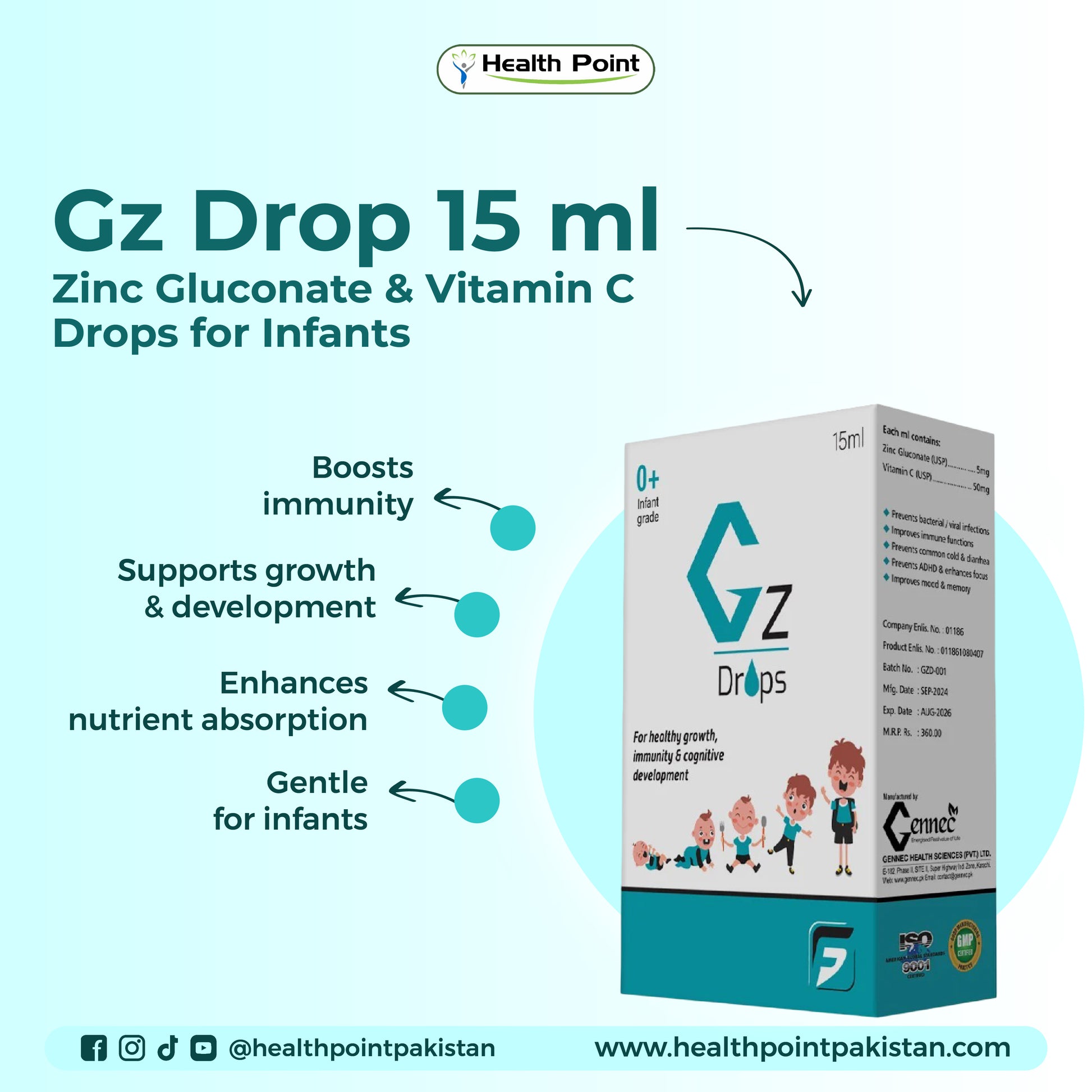 Health Point Gz Drop highlighting benefits for infant immunity, growth, appetite and antioxidant protection
