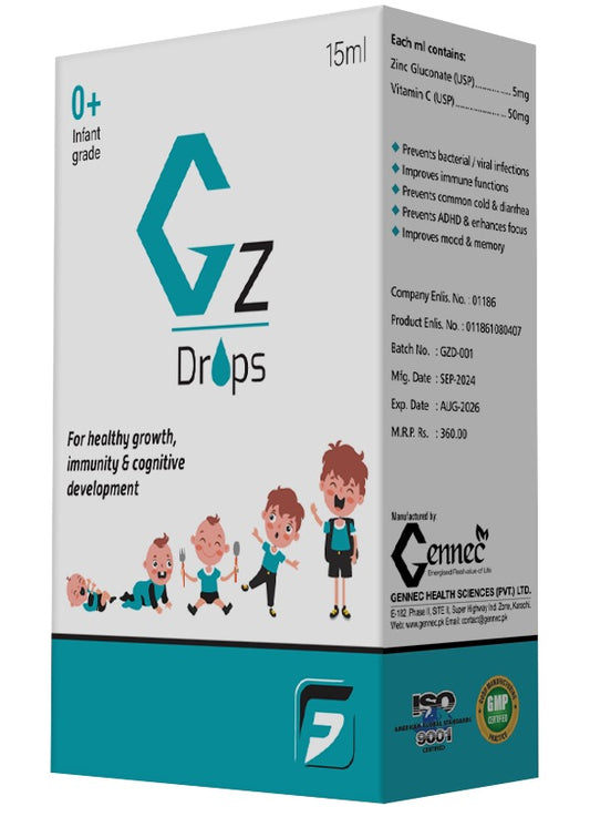 Gz Drop 15 ml bottle of Zinc Gluconate and Vitamin C drops for infants, immune support supplement in Pakistan