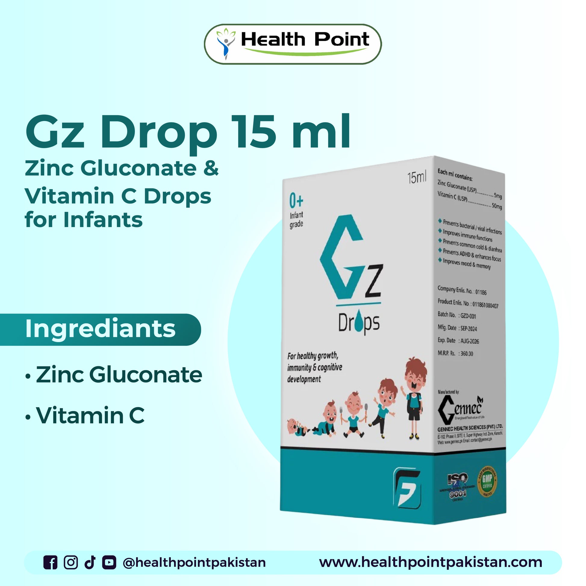 “Gz Drop 15ml oral supplement with zinc gluconate and vitamin C for babies’ health and immunity
