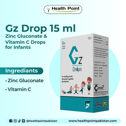 “Gz Drop 15ml oral supplement with zinc gluconate and vitamin C for babies’ health and immunity
