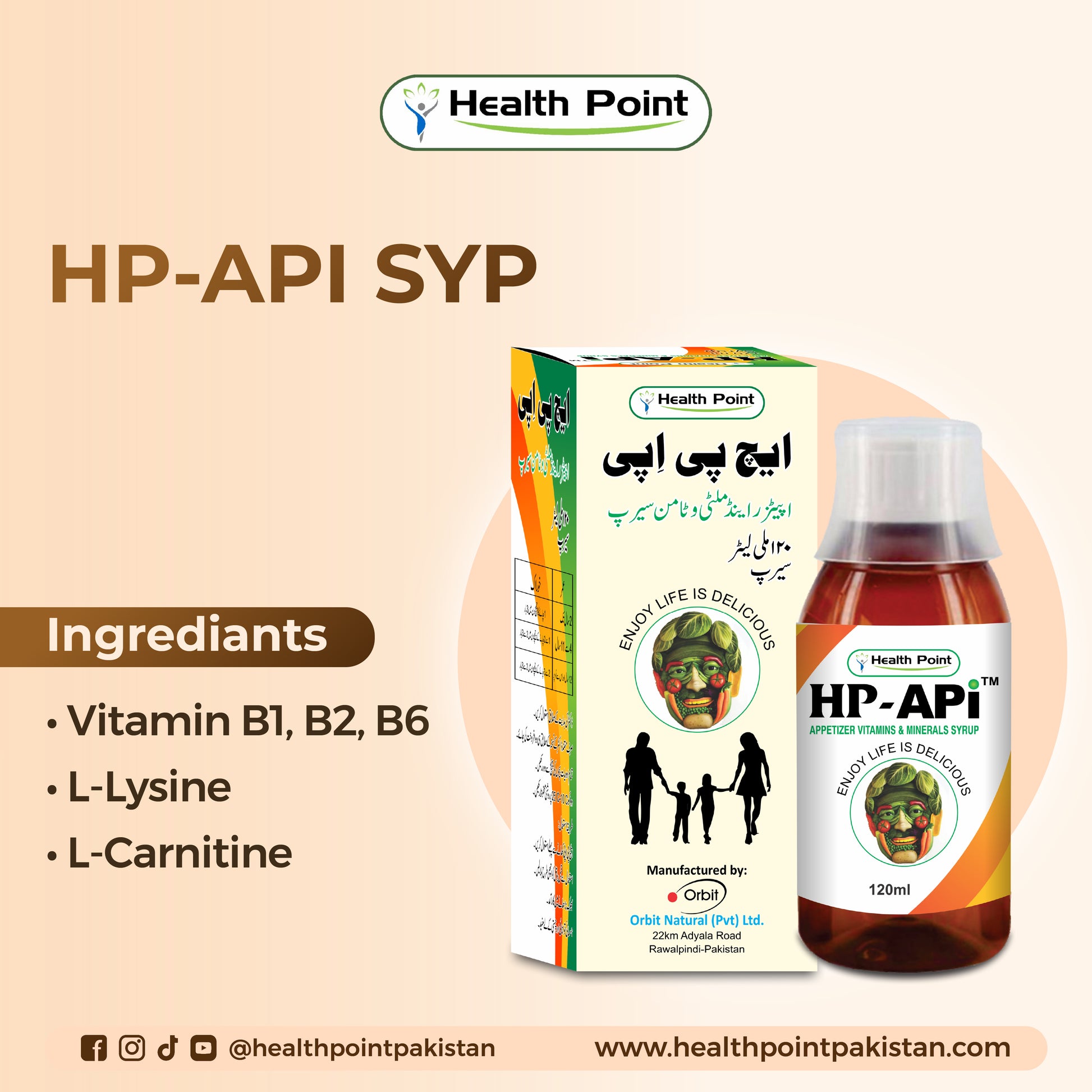 HP-API syrup containing vitamin B1, B2, B6 with L-Lysine and L-Carnitine for growth and energy support