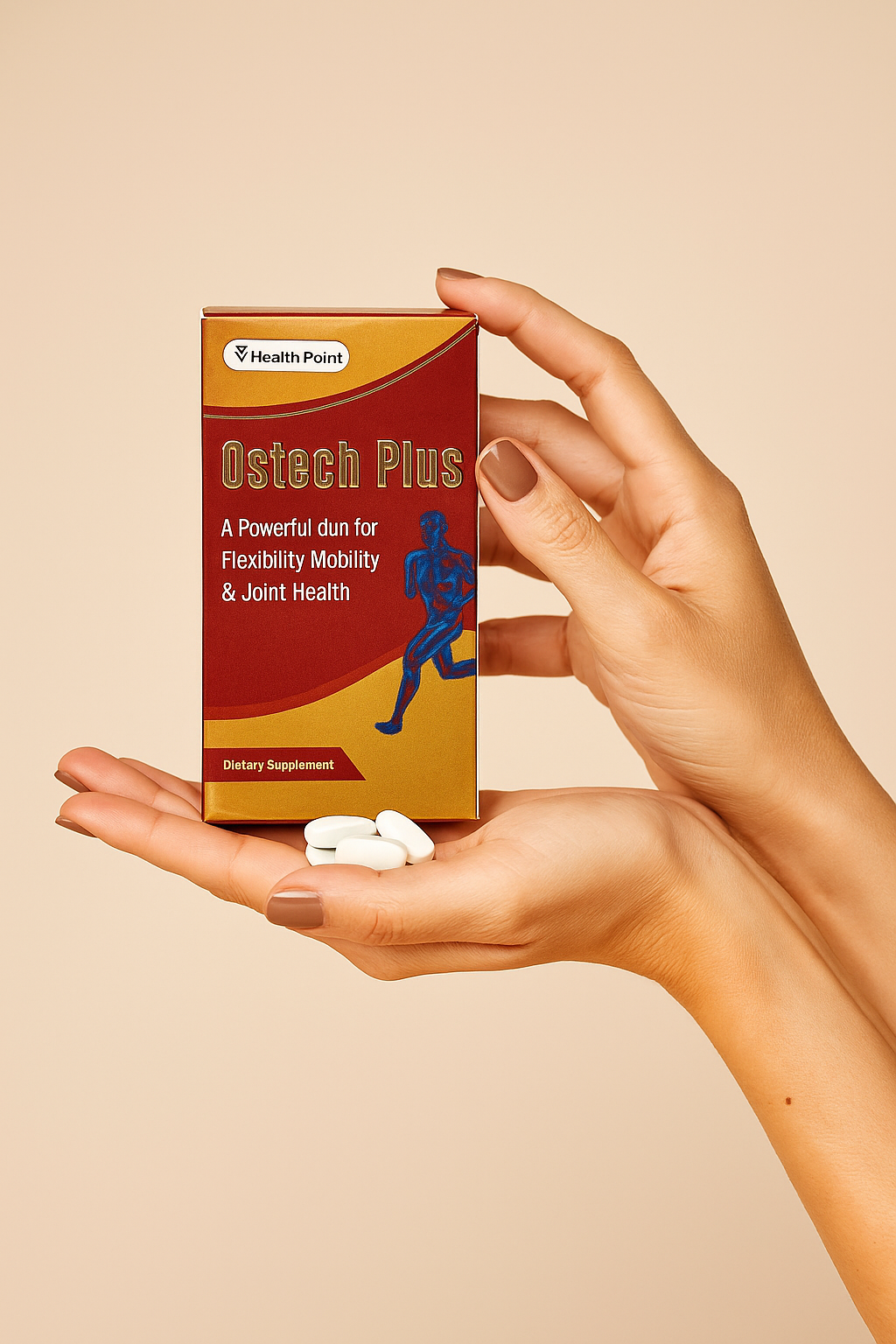 Hands showing OSTECH Plus capsules pack, the 