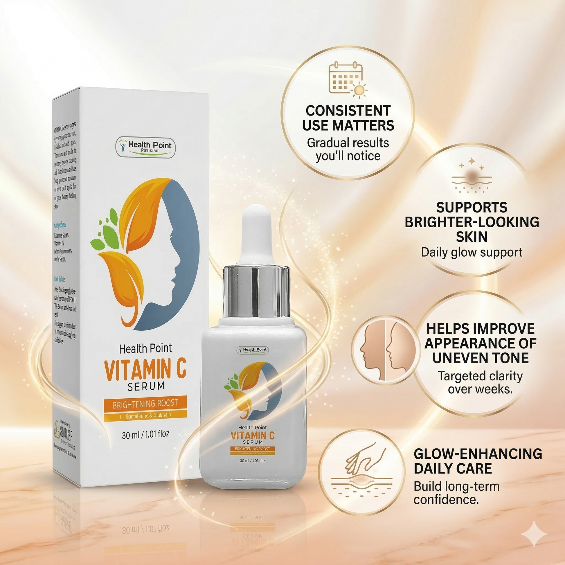 Health Point Vitamin C Serum result expectation image for brighter looking skin glow support and improved uneven tone with regular use