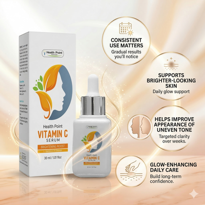 Health Point Vitamin C Serum result expectation image for brighter looking skin glow support and improved uneven tone with regular use