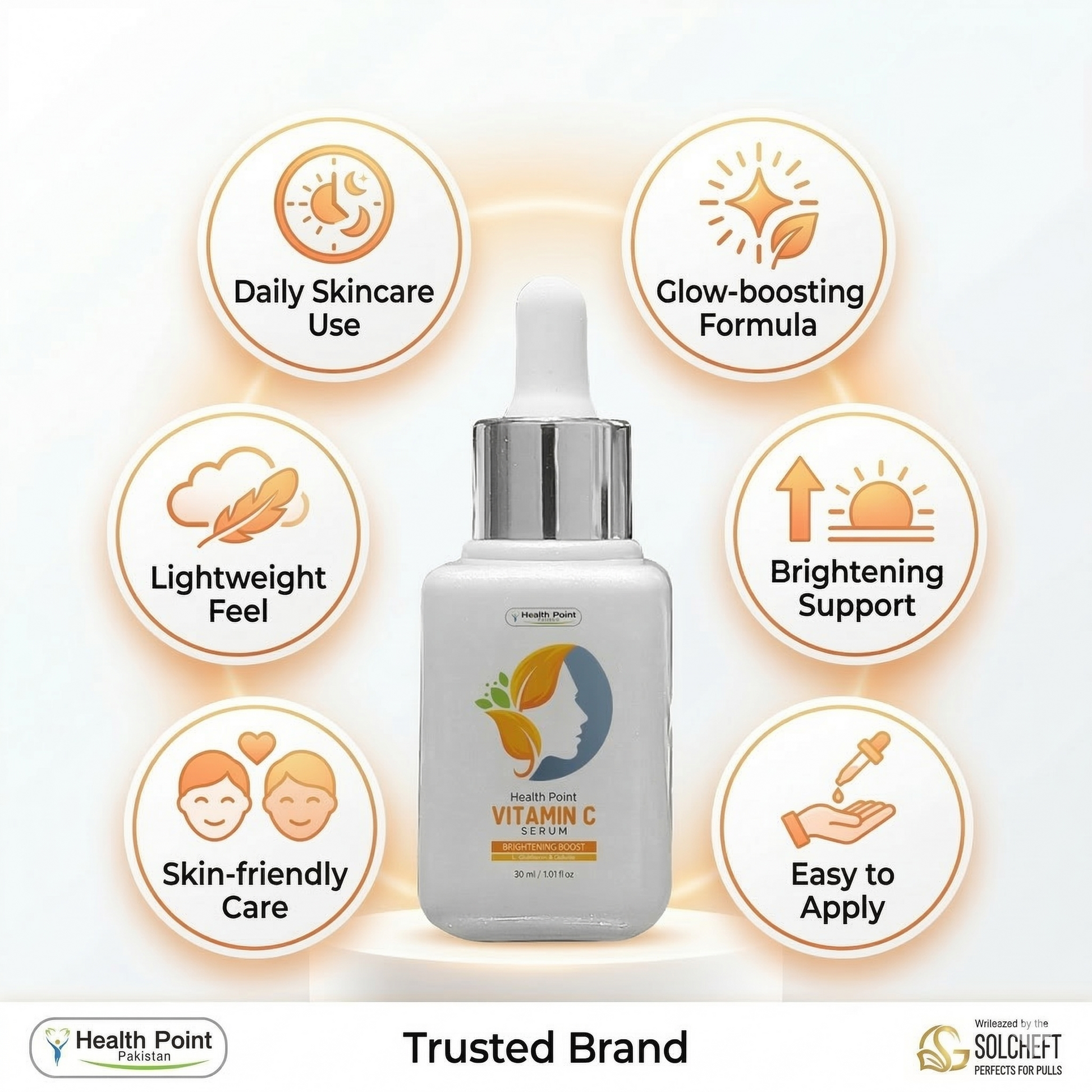 Health Point Vitamin C Serum trust image showing brightening support lightweight feel daily skincare and skin friendly care