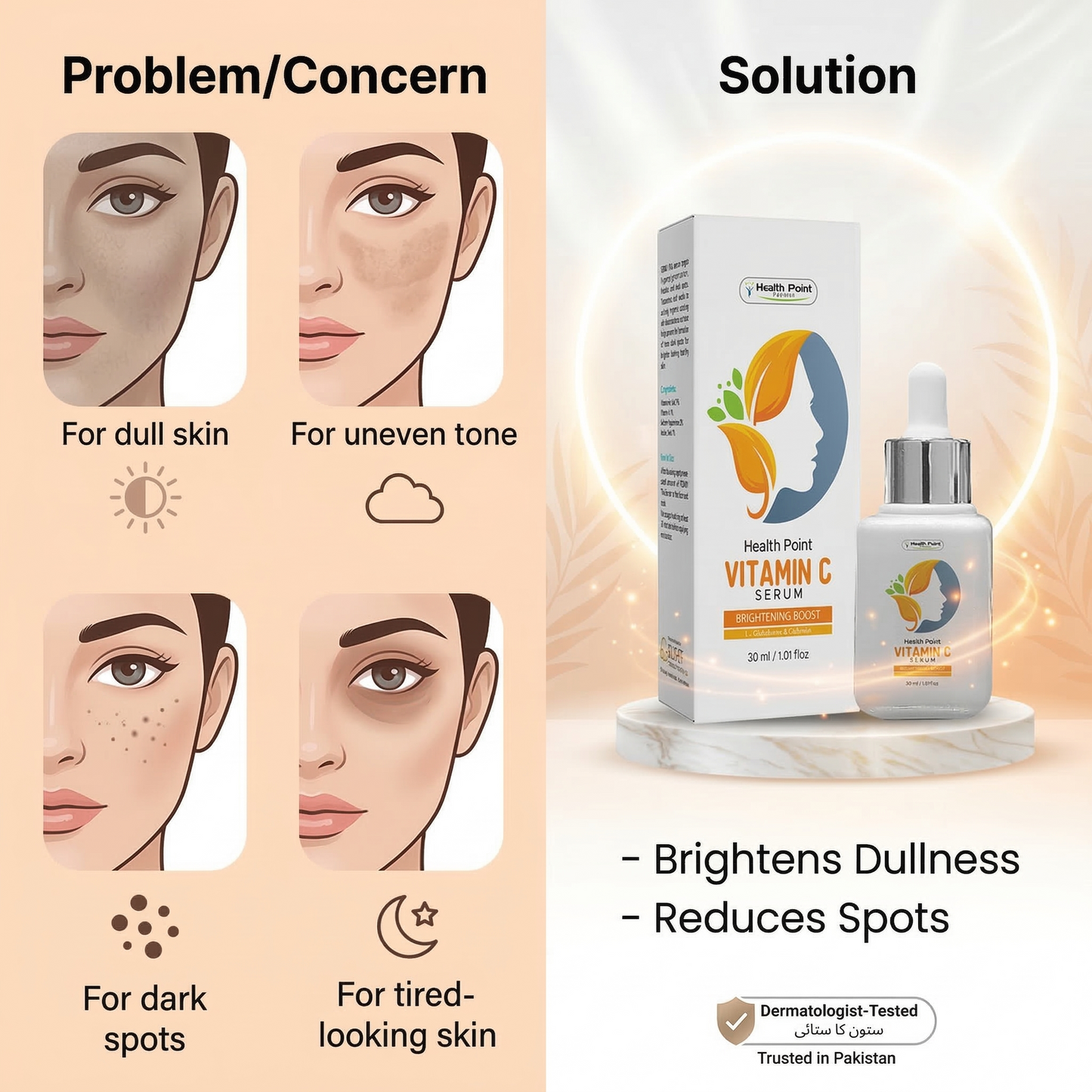 Health Point Vitamin C Serum for dull skin dark spots uneven skin tone and glow boosting skincare in Pakistan
