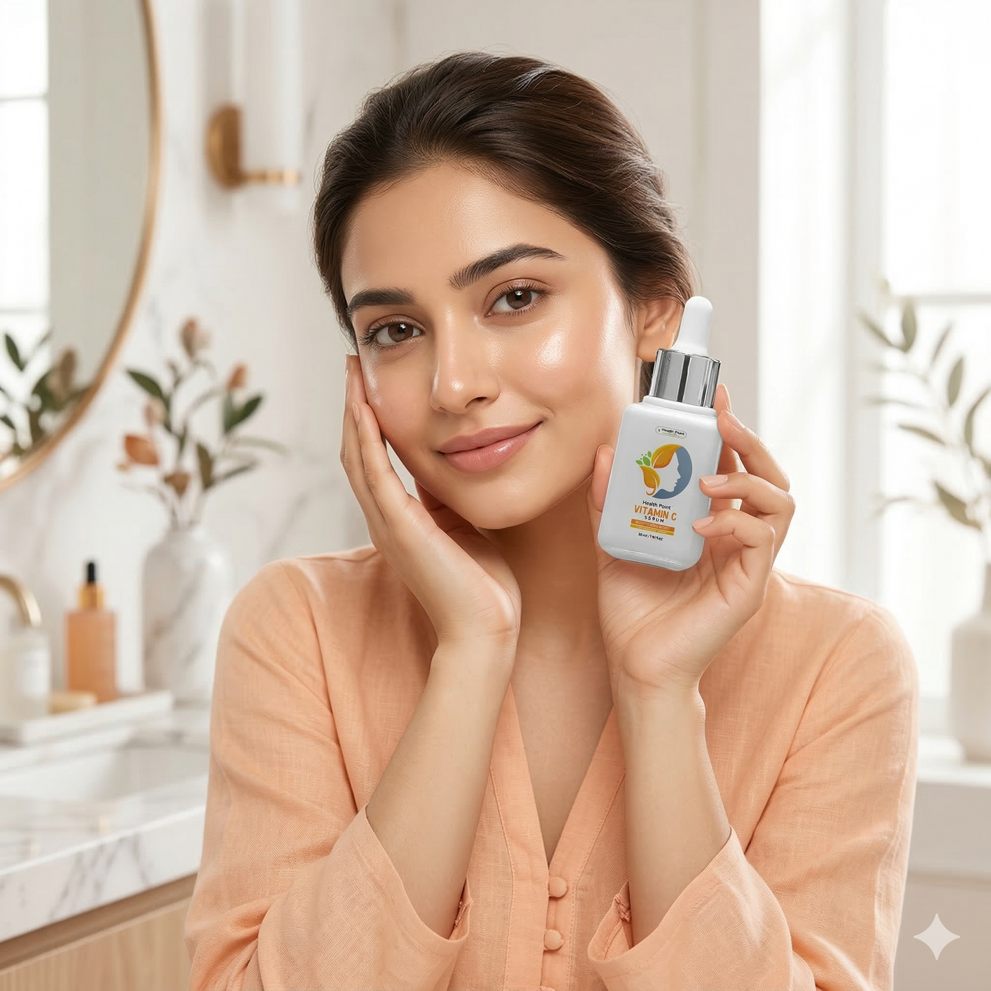 Model holding Health Point Vitamin C Serum for glowing skin brightening care and dark spot support in Pakistan