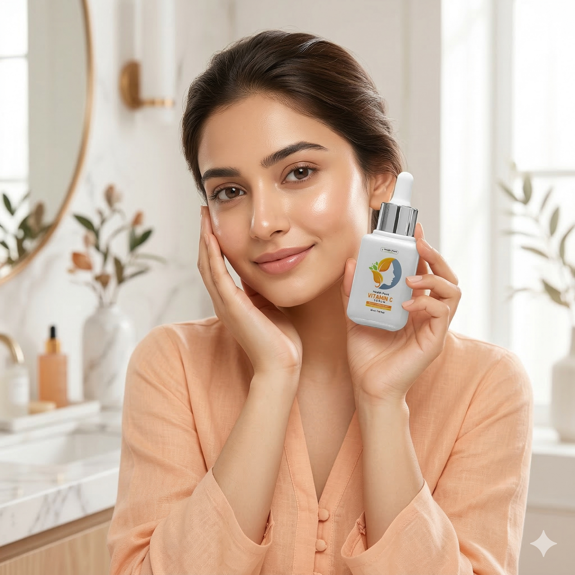 Model holding Health Point Vitamin C Serum for glowing skin brightening care and dark spot support in Pakistan