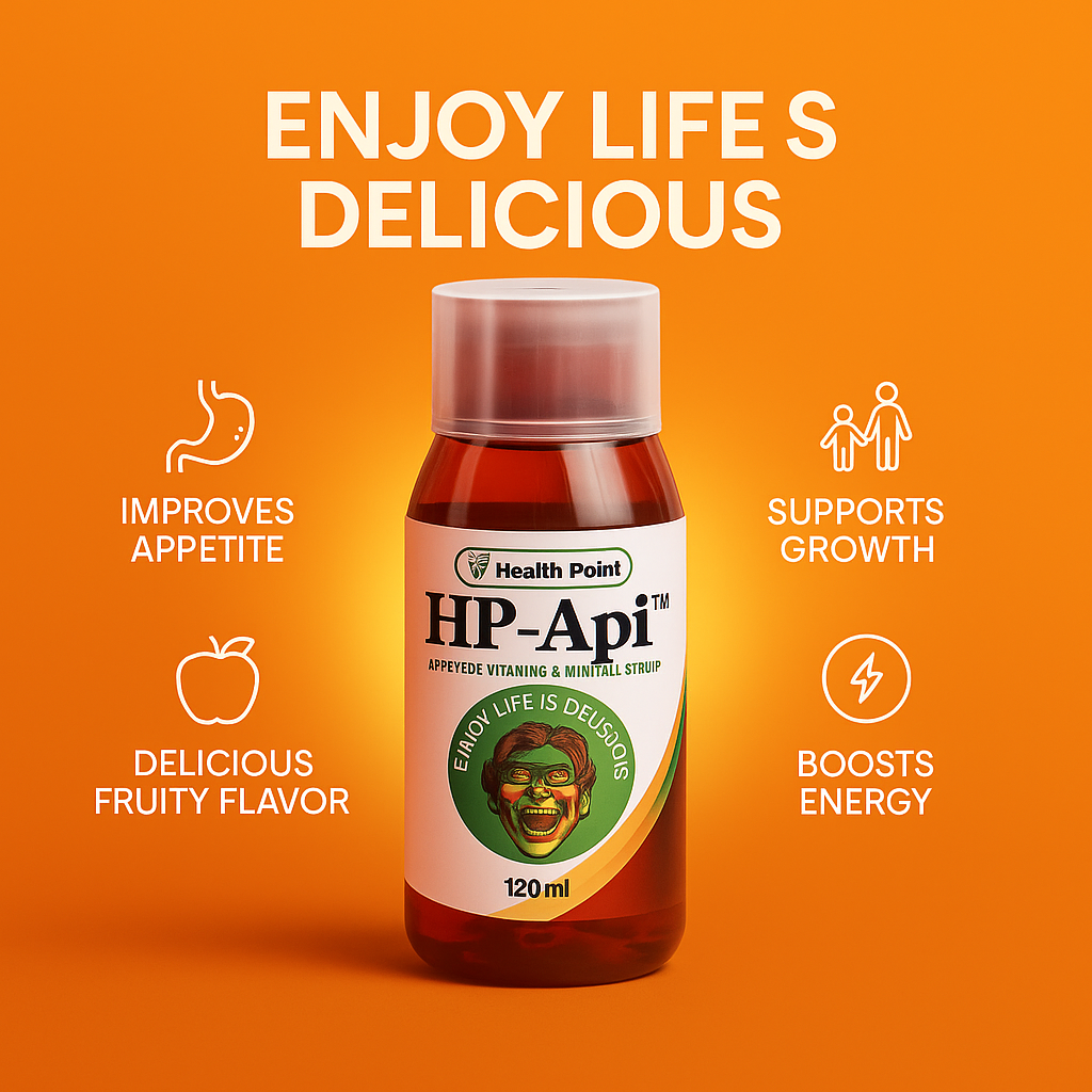 Health Point HP-Api supplement bottle on an orange background with text about its benefits.
