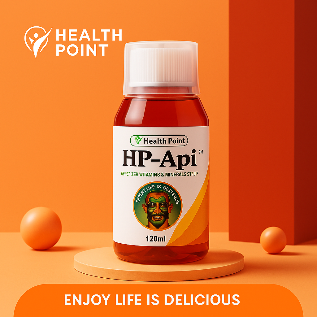 Health Point HP-Api supplement bottle on an orange background with 'Enjoy Life is Delicious' text.