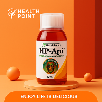 Health Point HP-Api supplement bottle on an orange background with 'Enjoy Life is Delicious' text.