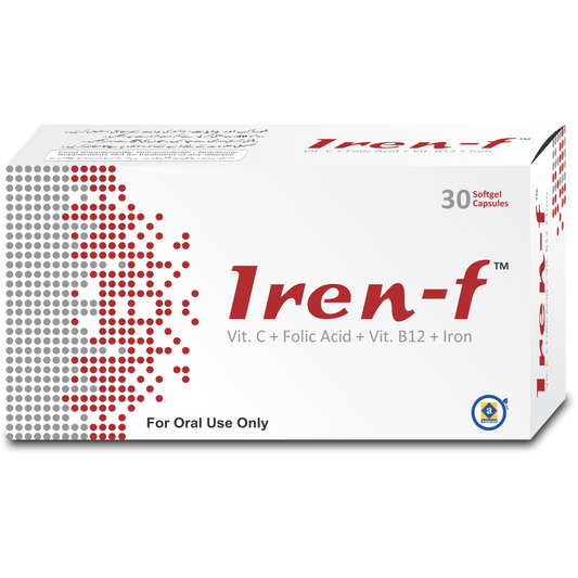 A box of Iren - F softgel capsules with the text 'Vit. C + Folic Acid + Vit.