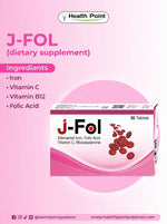 J-Fol iron and folic acid tablets packaging for anemia support