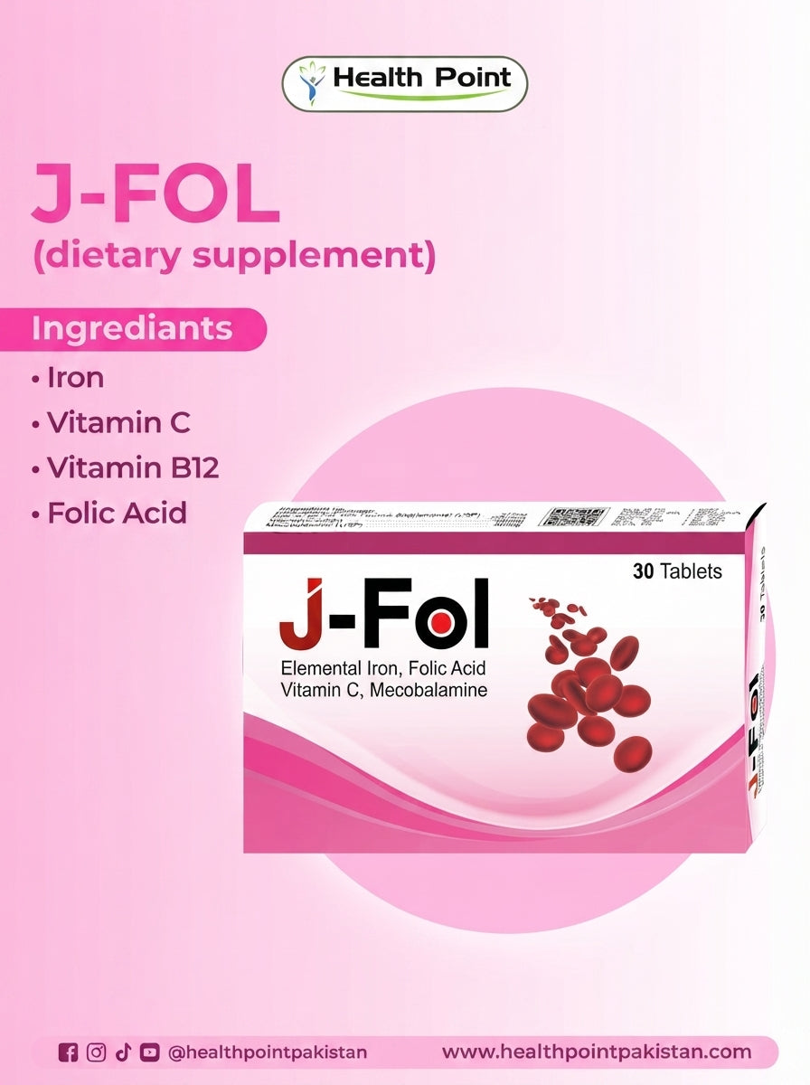 J-Fol iron and folic acid tablets packaging for anemia support