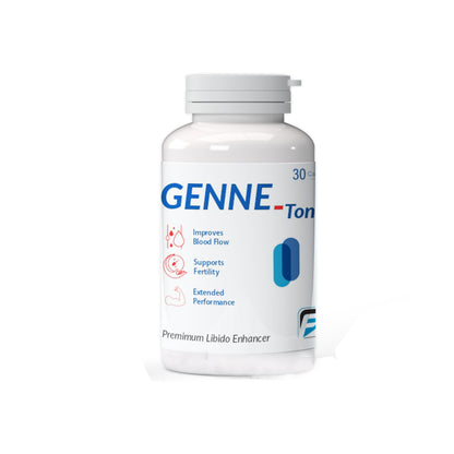 A bottle of Genne Tone Male Fertility & Performance Booster supplement with branding and information about the product.