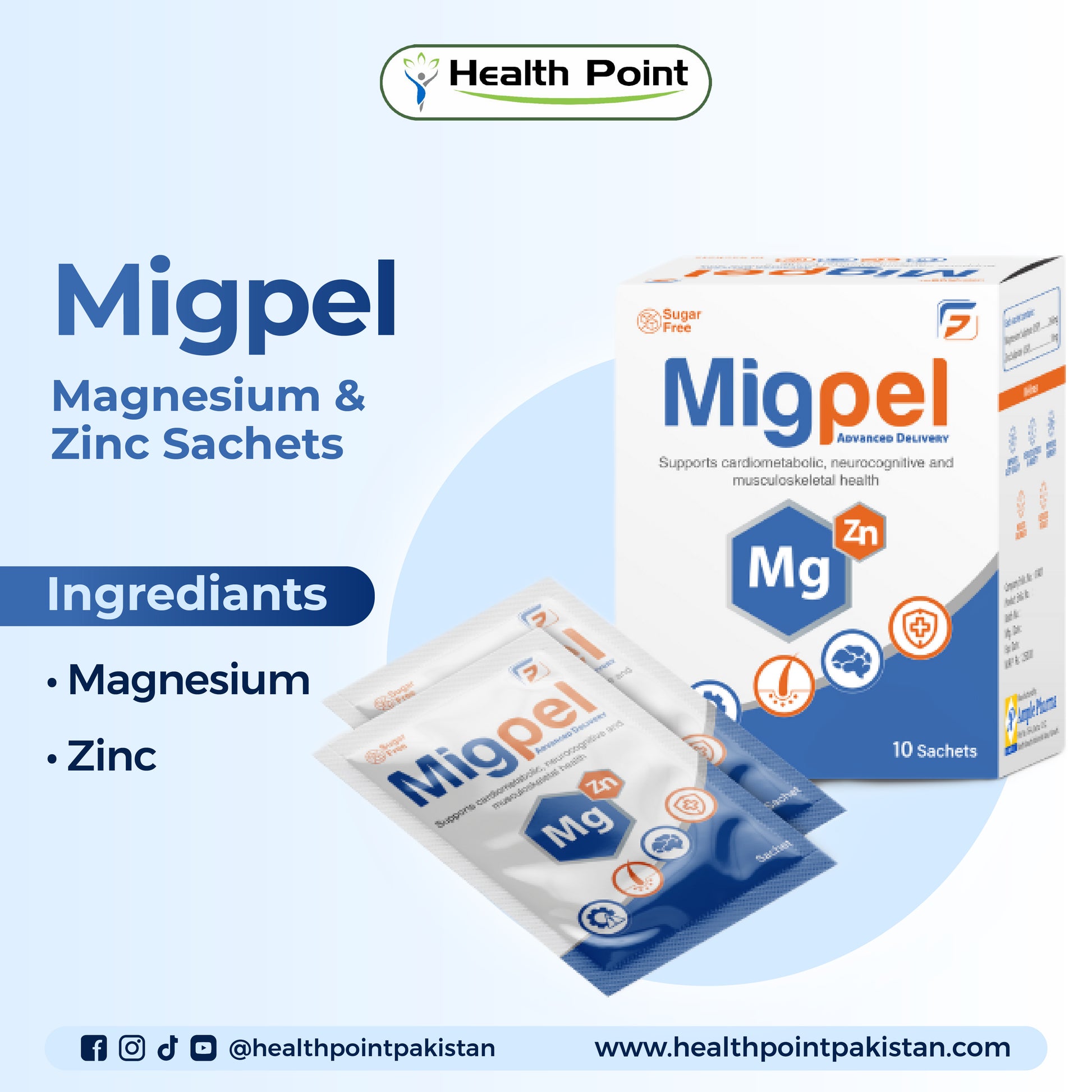 Migpel supplement sachets containing magnesium and zinc for daily wellness and strength