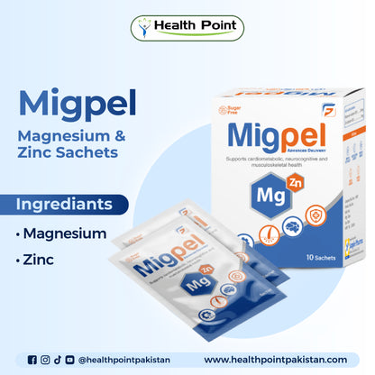 Migpel supplement sachets containing magnesium and zinc for daily wellness and strength