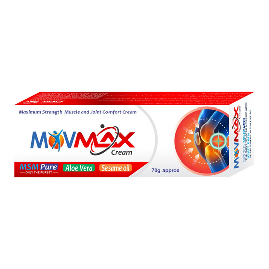 Packaging of Movmax Cream, indicating it is a muscle and joint comfort cream with MSM Pure, Aloe Vera, and Sesame Oil.