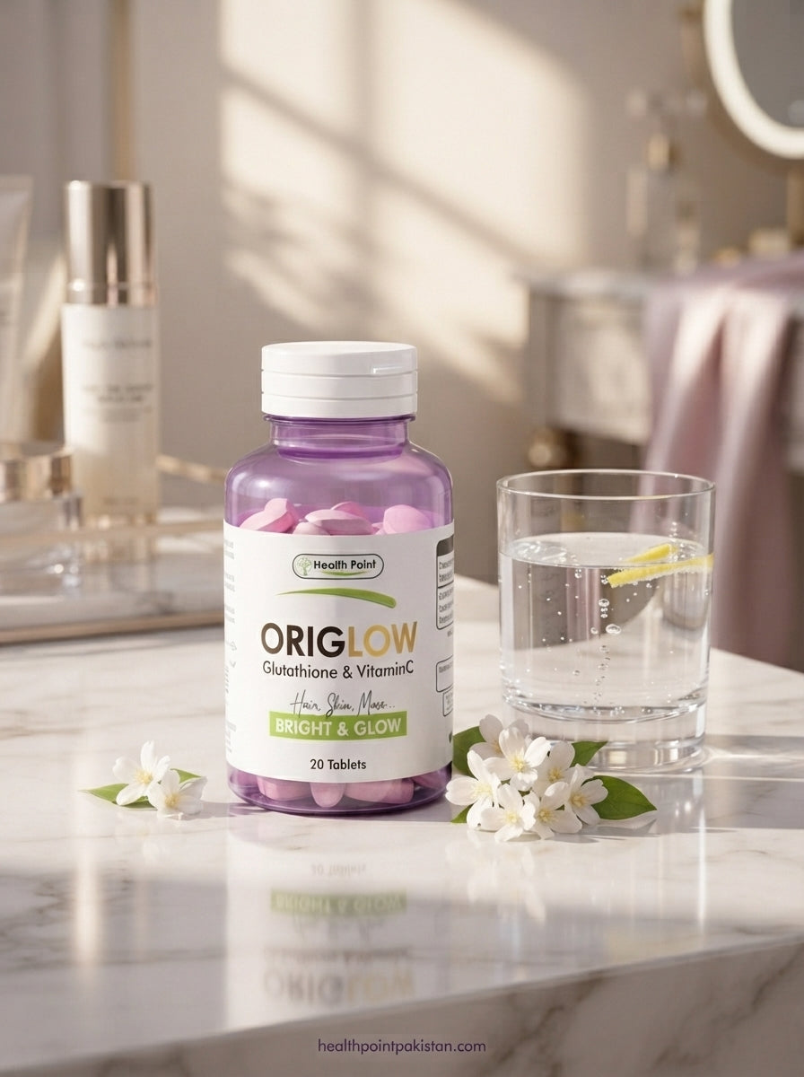 Origlow glutathione tablets bottle on marble surface