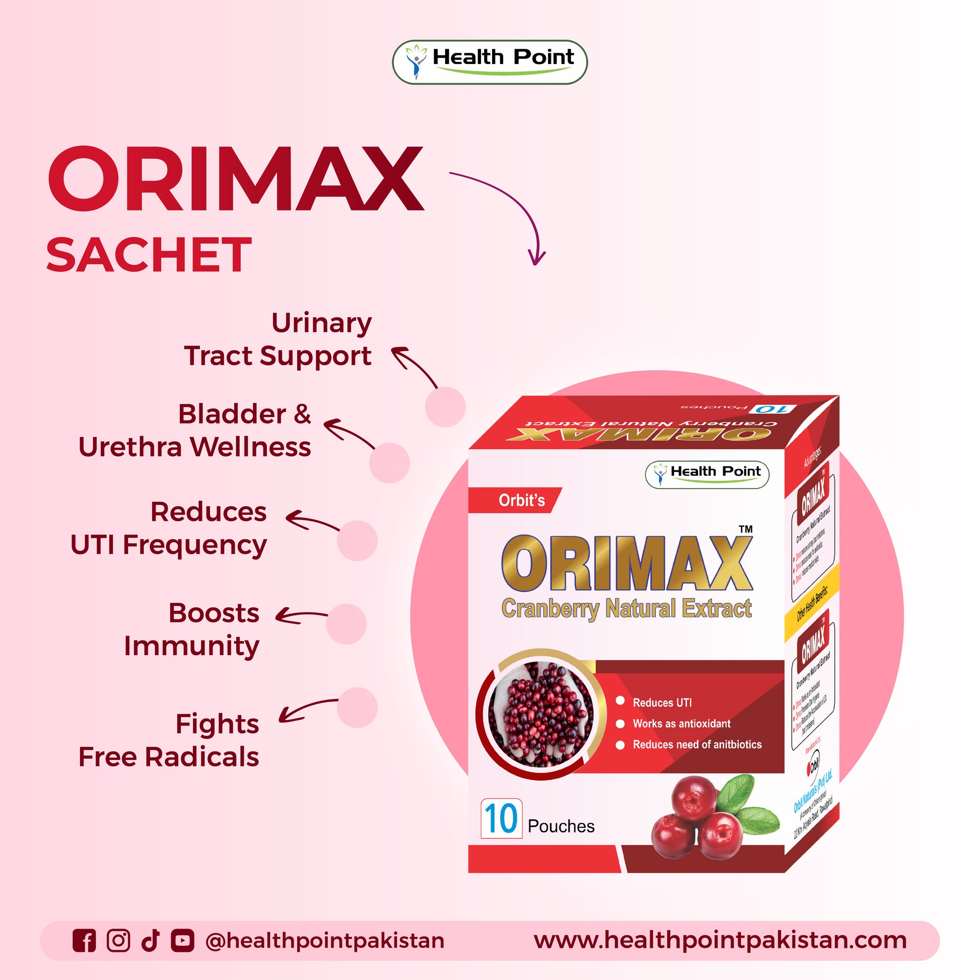 Orimax cranberry extract sachet in Pakistan for urinary tract support, bladder health and UTI prevention