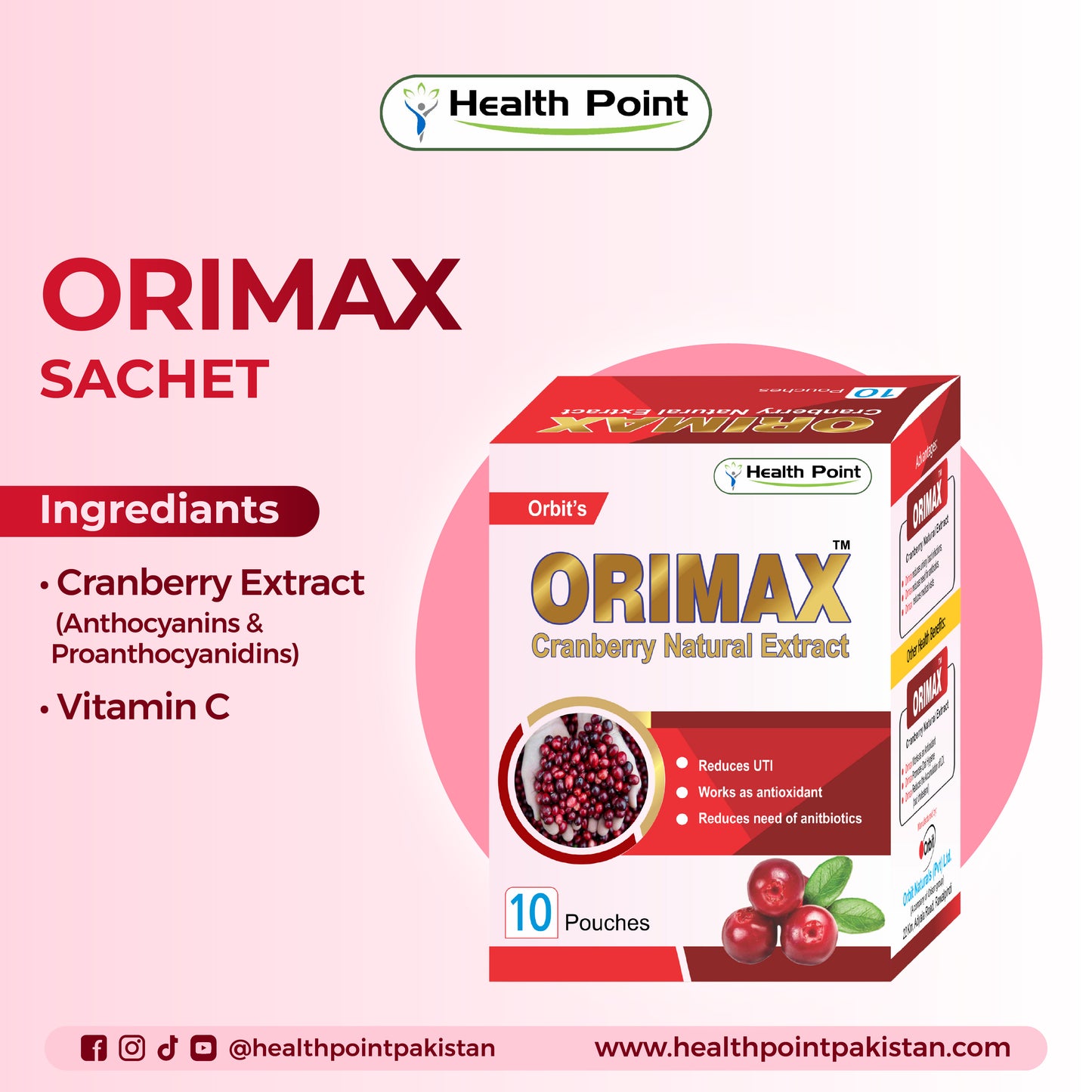 Dietary supplement Orimax sachet containing cranberry extract and vitamin C for urinary health