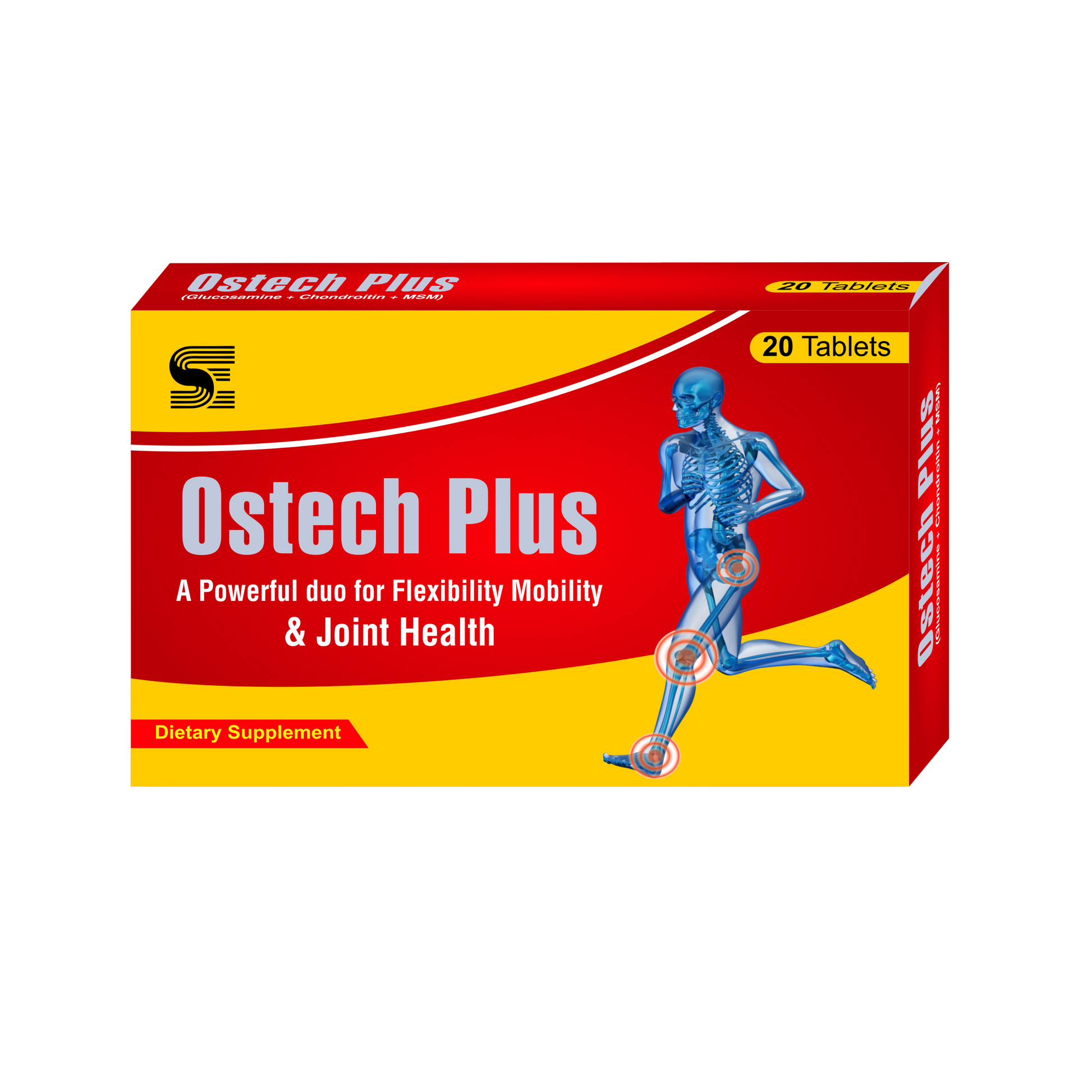 Packaging of OSTECH Plus joint supplement, featuring the product name and description, with a graphic of a running figure emphasizing joint health.