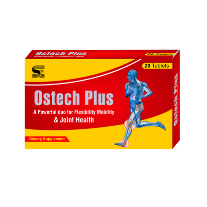Packaging of OSTECH Plus joint supplement, featuring the product name and description, with a graphic of a running figure emphasizing joint health.