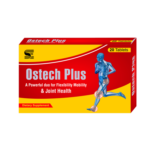 Packaging of OSTECH Plus joint supplement, featuring the product name and description, with a graphic of a running figure emphasizing joint health.