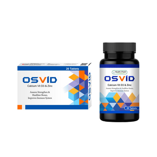 A bottle and box of OSVID Calcium Citrate Tablets with branding and information on the packaging. The bottle is black with a label showing the product name and a graphic design, while the box is white and blue with text and branding.