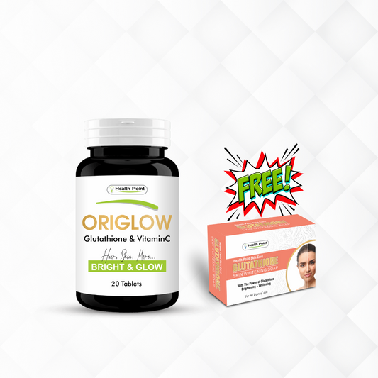 HealthPoint Exclusive Bundle with Origlow Capsules for radiant skin and Glutathione Soap for gentle cleansing, premium skincare offer in Pakistan