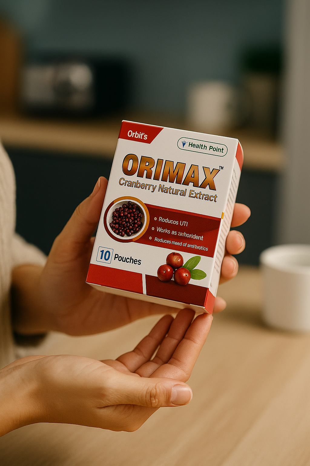 Orbital Health Point ORIMAX Cranberry Natural Extract packaging held in a hand with a blurred background.