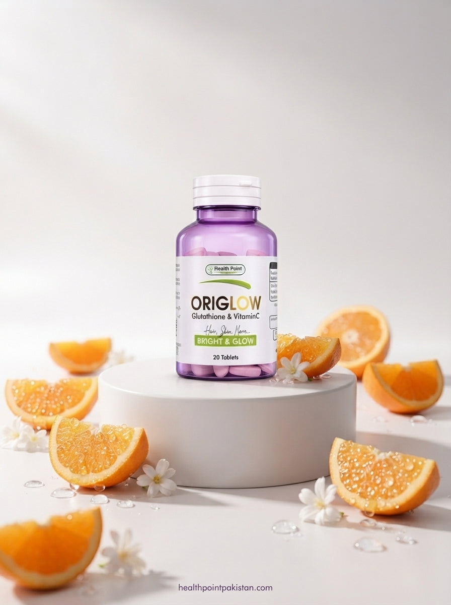Origlow bottle with orange slices – vitamin C skin supplement