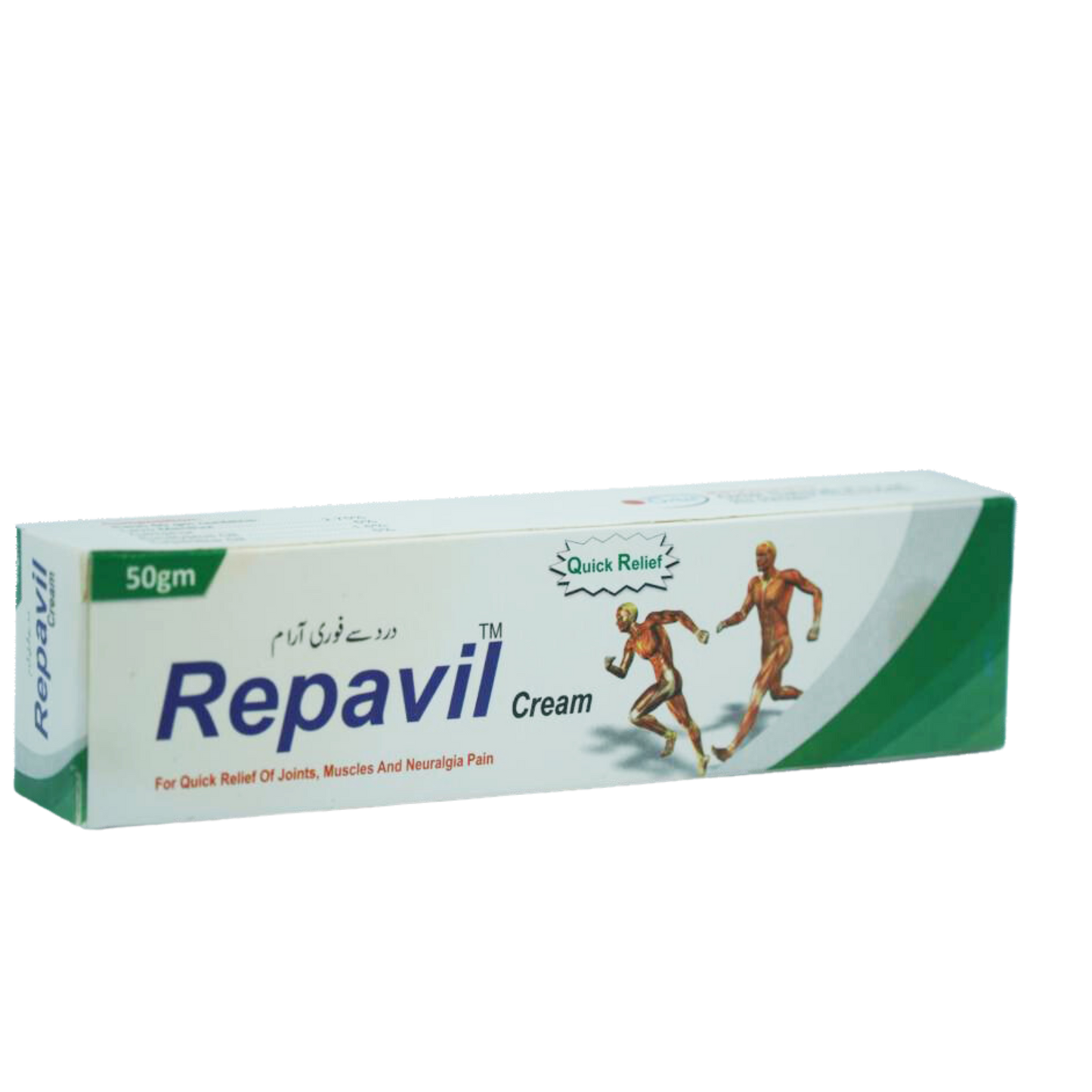Packaging of REPAVIL cream, indicating 50gm size, with graphics depicting joint and muscle movement.