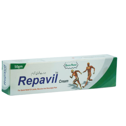 Packaging of REPAVIL cream, indicating 50gm size, with graphics depicting joint and muscle movement.