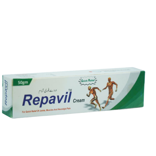 Packaging of REPAVIL cream, indicating 50gm size, with graphics depicting joint and muscle movement.
