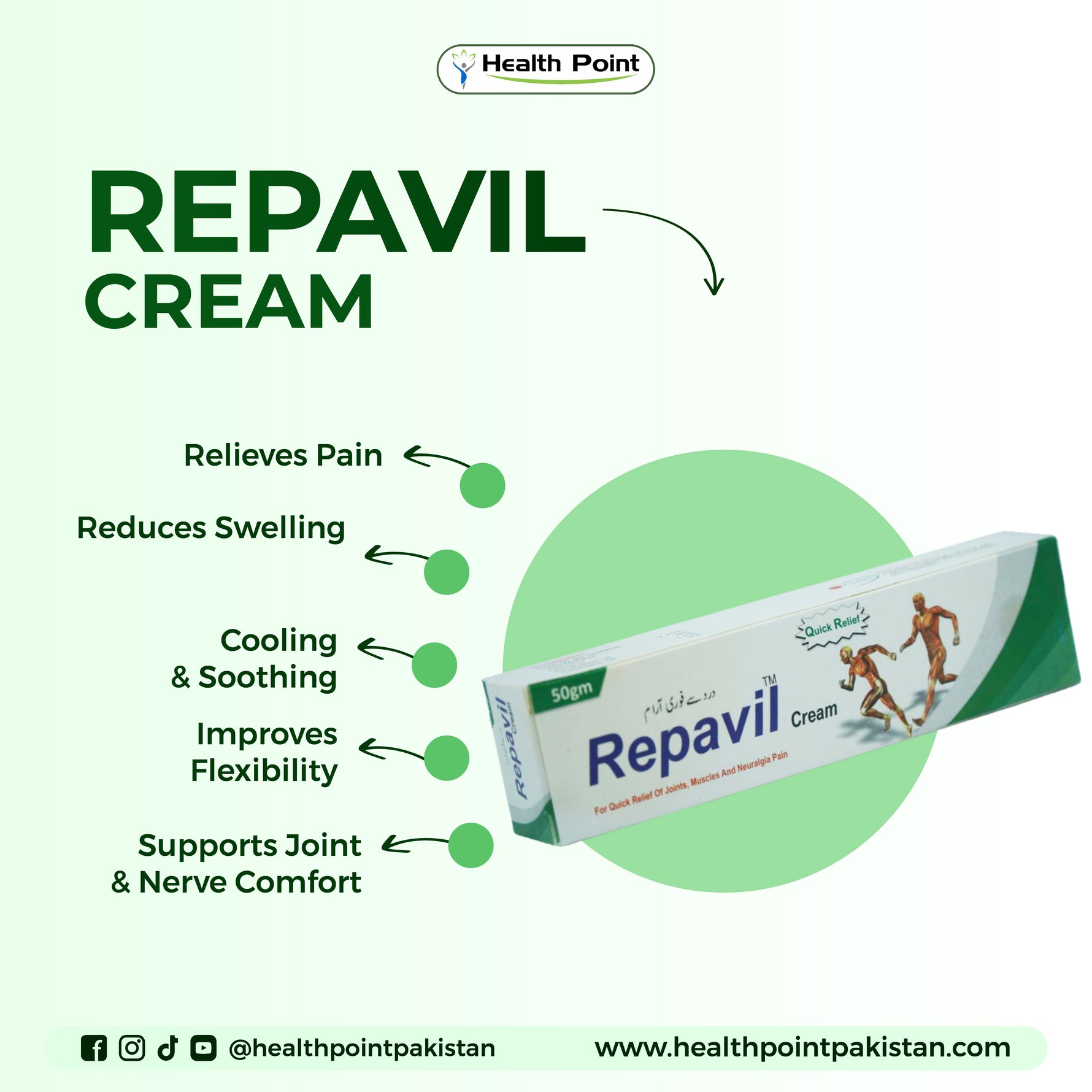 Repavil cream tube for joint and muscle pain relief, swelling reduction and flexibility support

