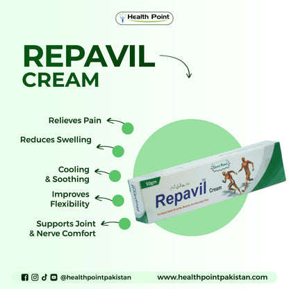 Repavil cream tube for joint and muscle pain relief, swelling reduction and flexibility support
