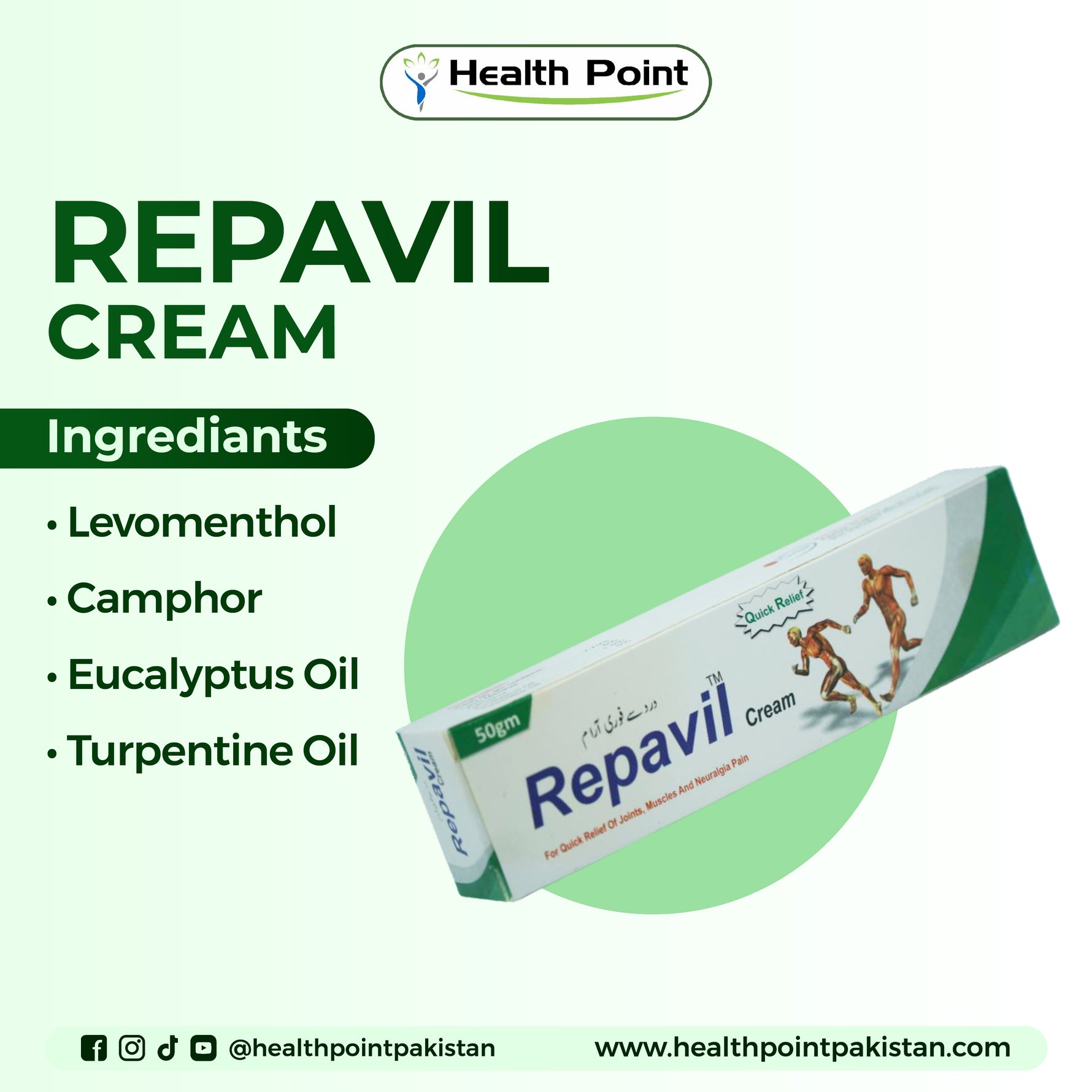 Repavil cream with natural pain relief ingredients like menthol, camphor and eucalyptus oil