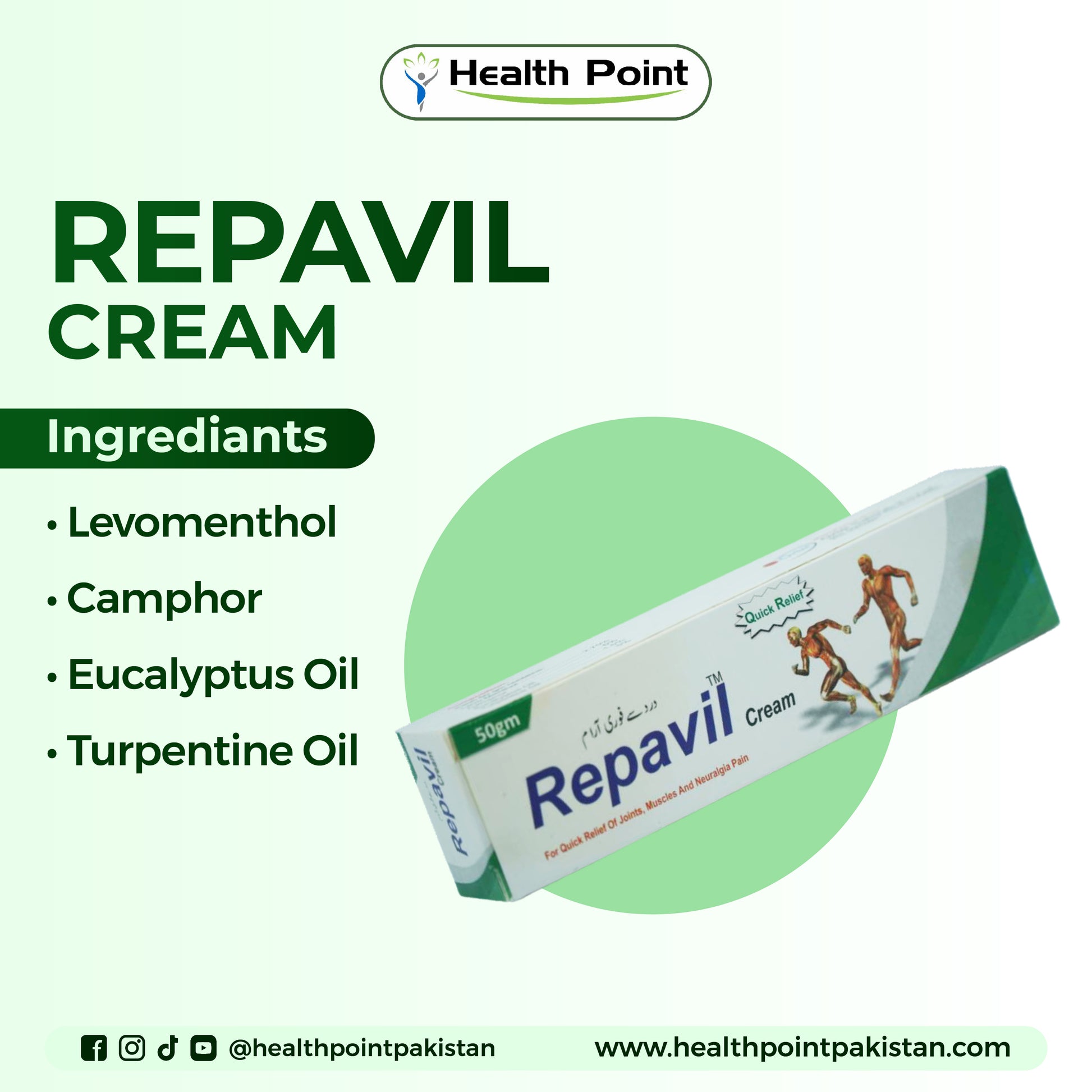 Repavil cream with natural pain relief ingredients like menthol, camphor and eucalyptus oil