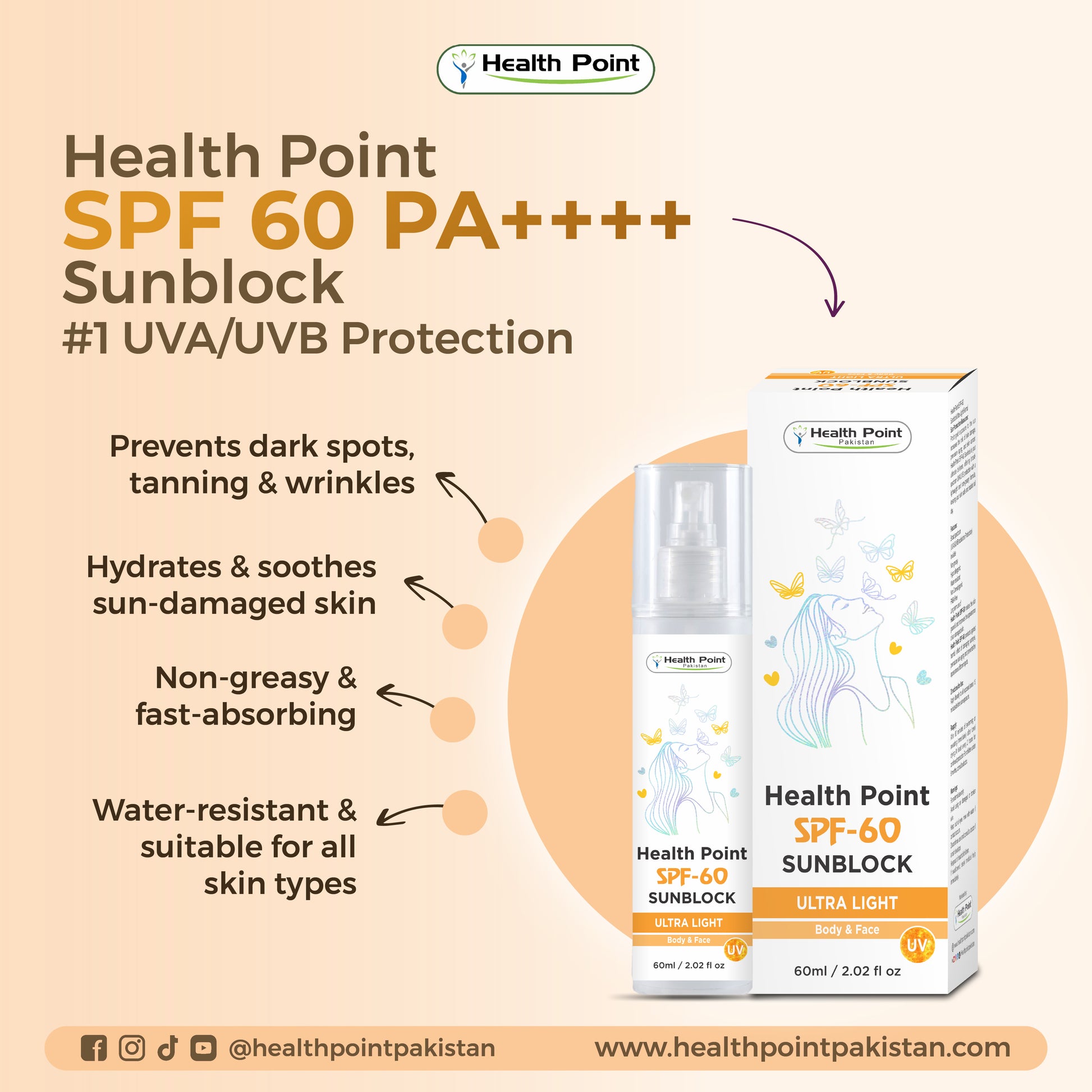Health Point SPF 60 PA++++ mineral sunblock with non greasy texture, water resistance and UVA UVB protection for face.
