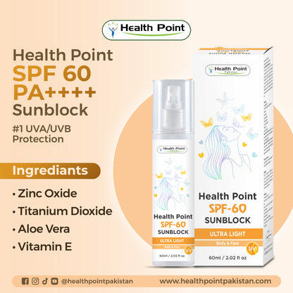 Best sunblock in Pakistan Health Point SPF 60 PA++++  showing ingredients zinc oxide, titanium dioxide, aloe vera and vitamin E