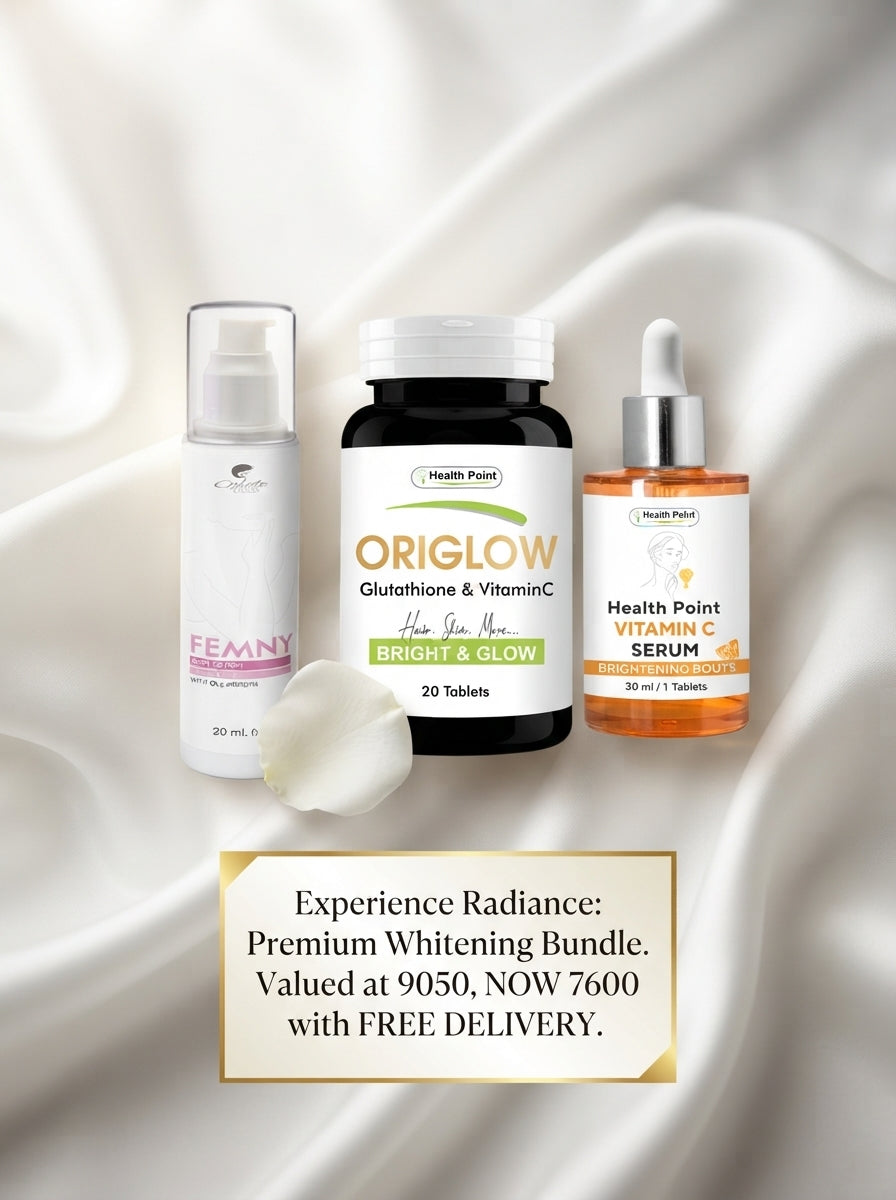 Whitening bundle product shoot with glutathione tablets and vitamin C serum