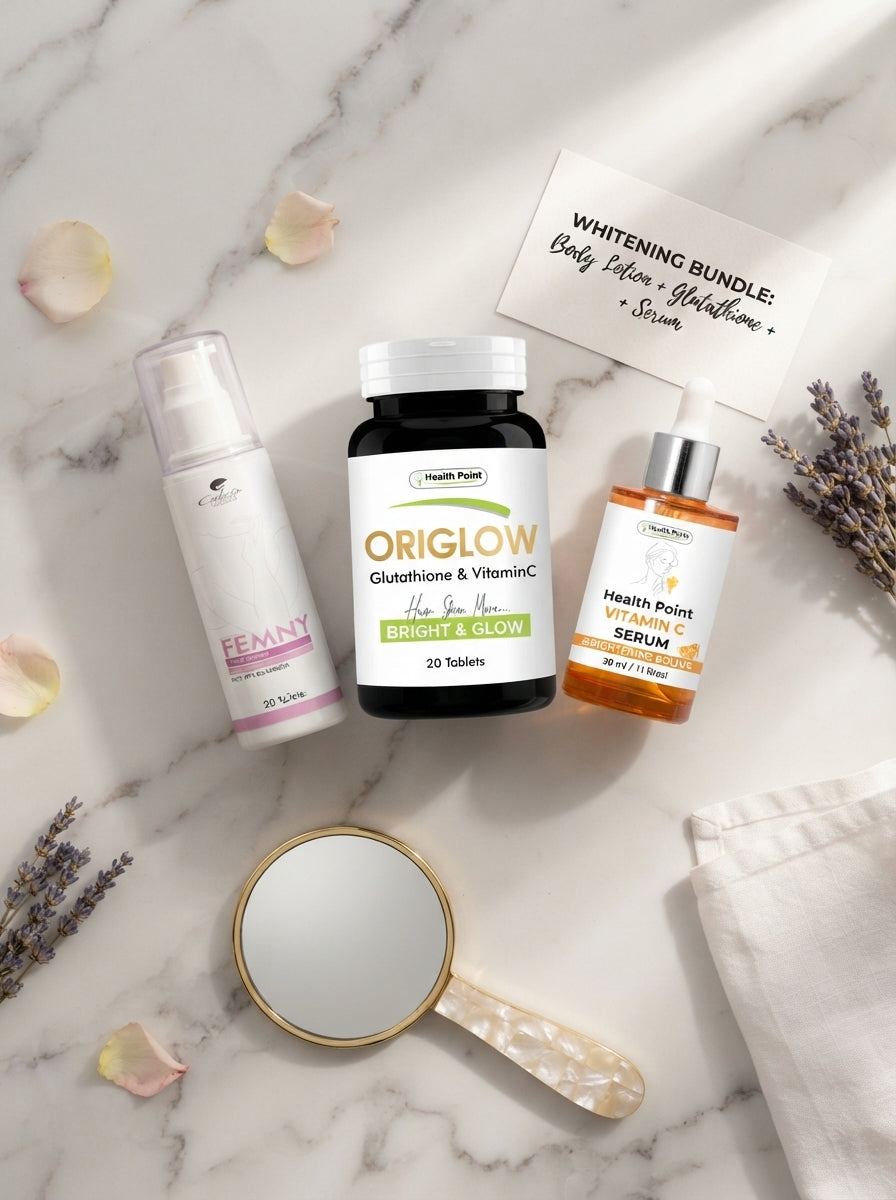 Skin whitening bundle products on marble surface