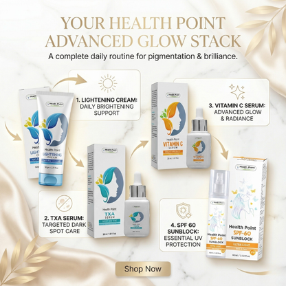 4 step pigmentation glow skincare routine benefits image with Lightening Cream TXA Serum Vitamin C Serum and SPF 60 by Health Point Pakistan