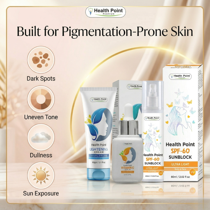Dark spots pigmentation and uneven skin tone solution image for Health Point Advanced Glow Stack skincare bundle in Pakistan